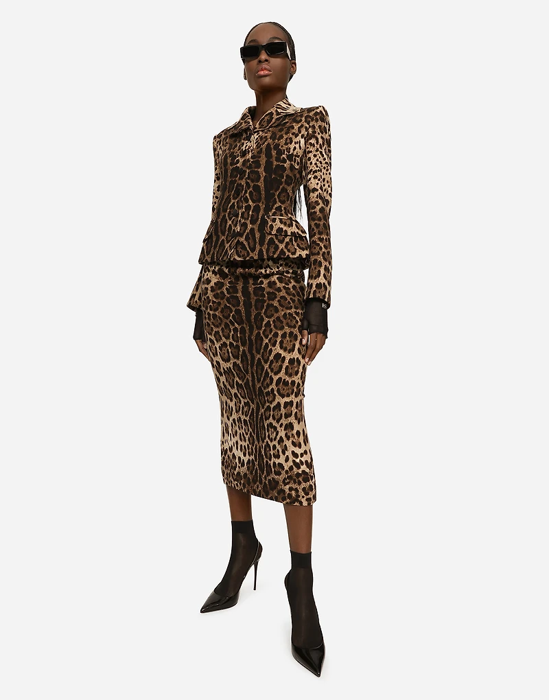Single-breasted double crepe jacket with leopard print