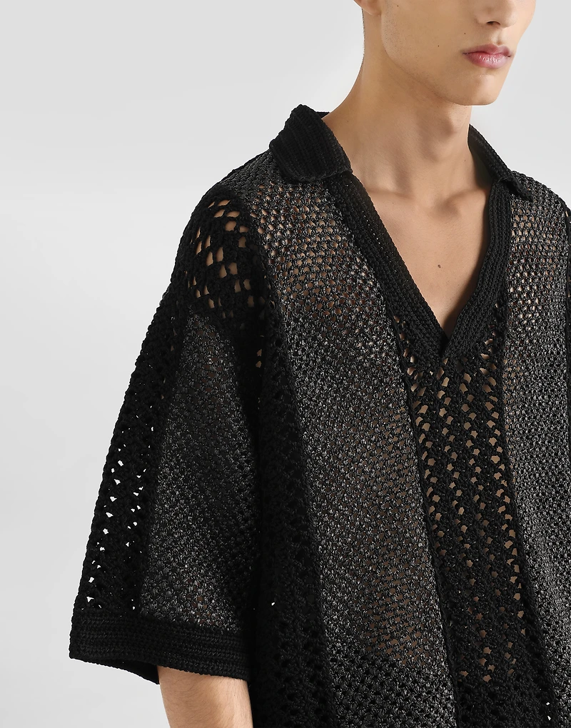 Short-sleeved cotton crochet polo-shirt