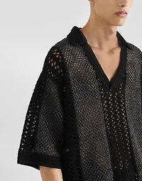 Short-sleeved cotton crochet polo-shirt