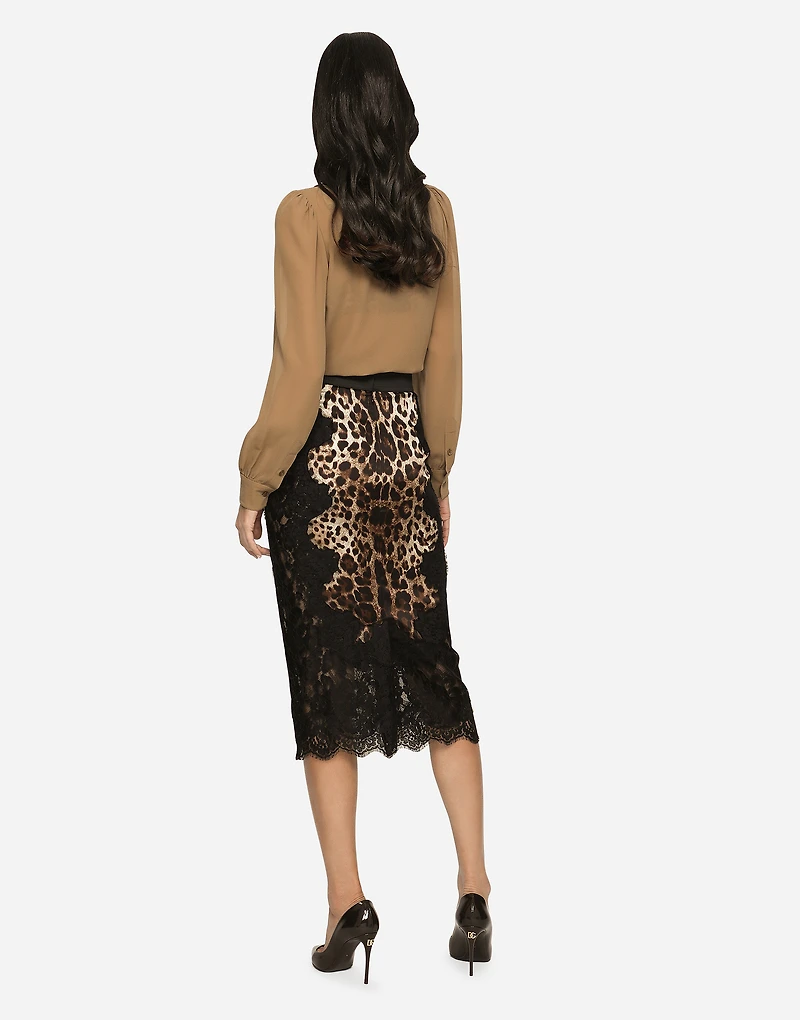 Leopard-print satin midi skirt with lace inserts