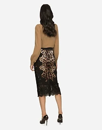 Leopard-print satin midi skirt with lace inserts