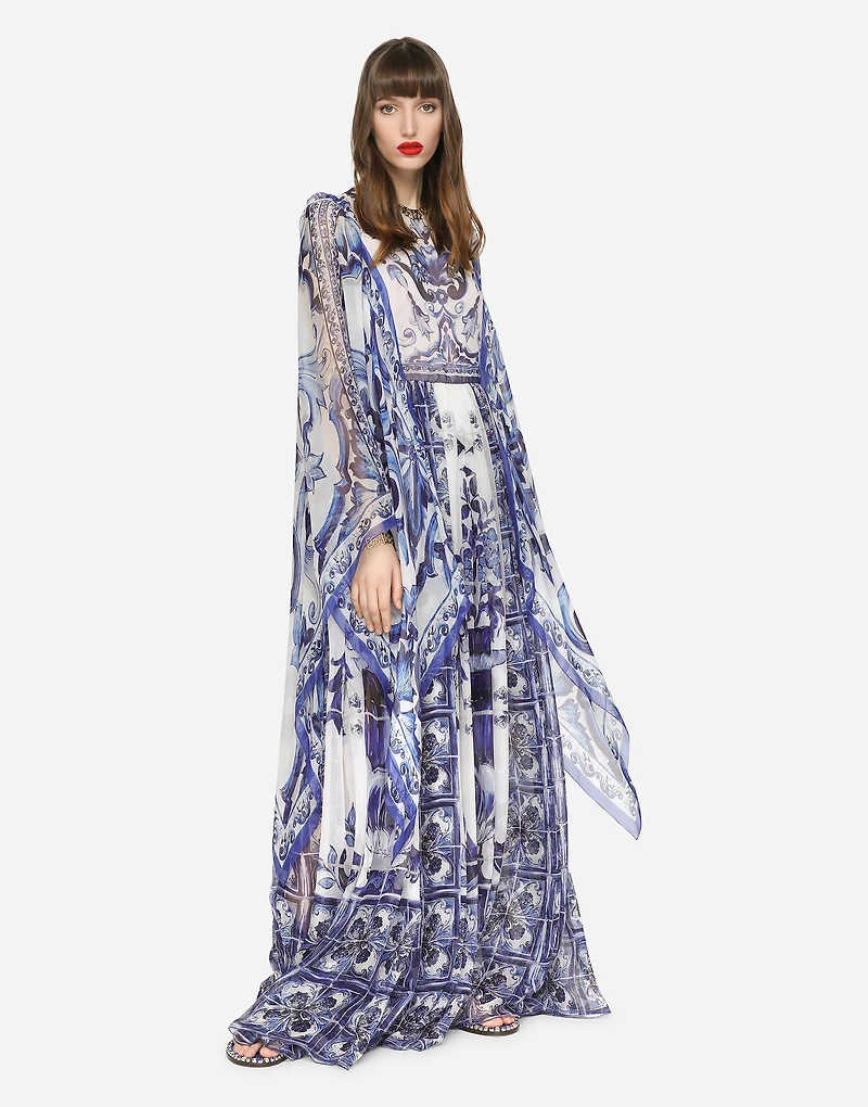 Long majolica-print chiffon dress
