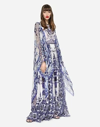 Long majolica-print chiffon dress