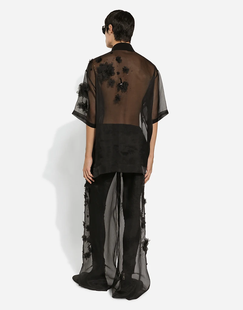Silk organza jogging pants with embroidery