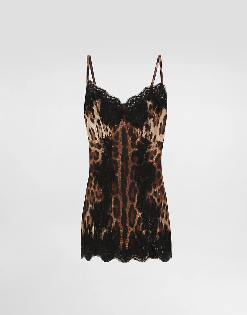 Leopard-print satin top with lace inlay