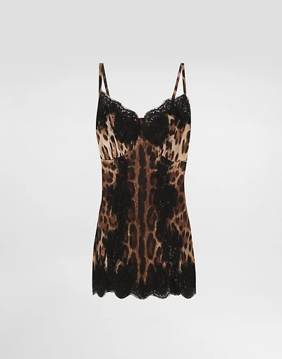 Leopard-print satin top with lace inlay