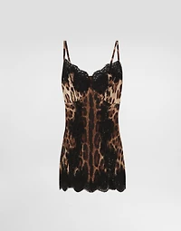 Leopard-print satin top with lace inlay