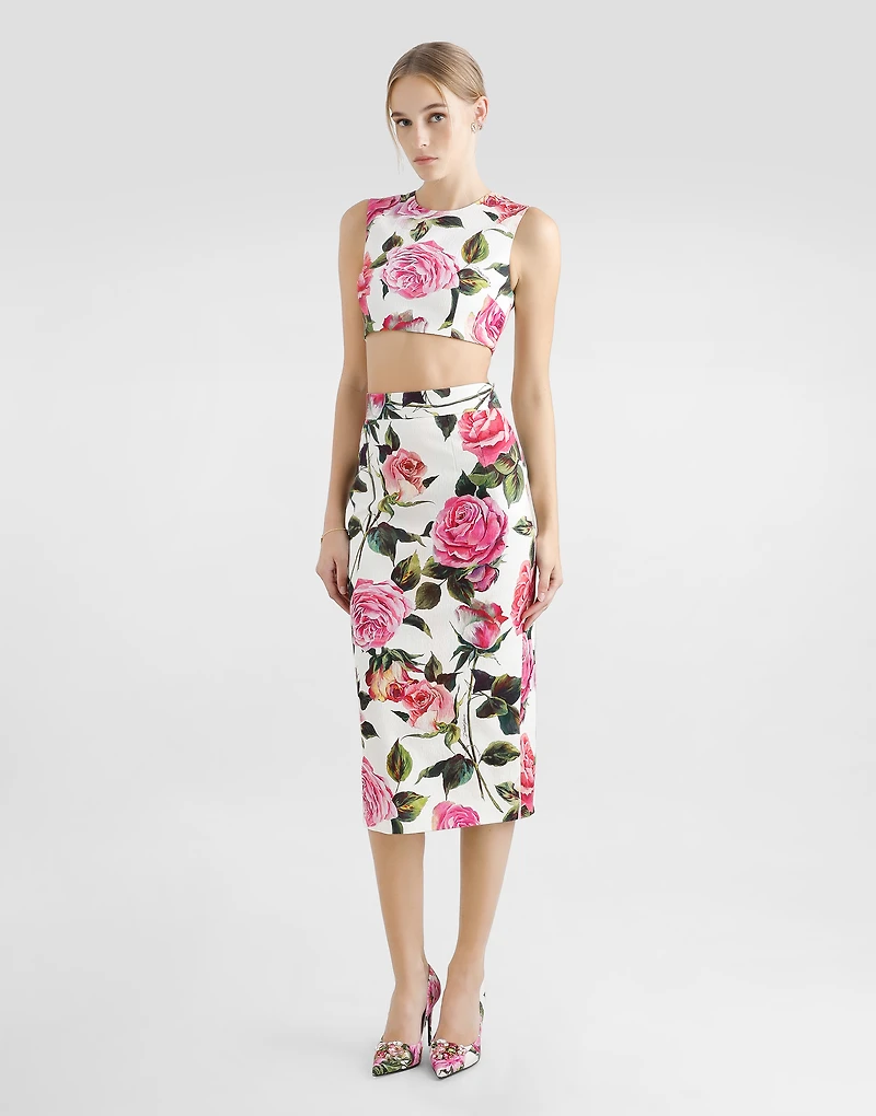 Cotton jacquard crop top with rose print