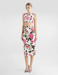 Cotton jacquard crop top with rose print