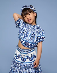 Long majolica-print poplin skirt
