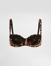 Leopard-print satin balconette bra with lace detailing