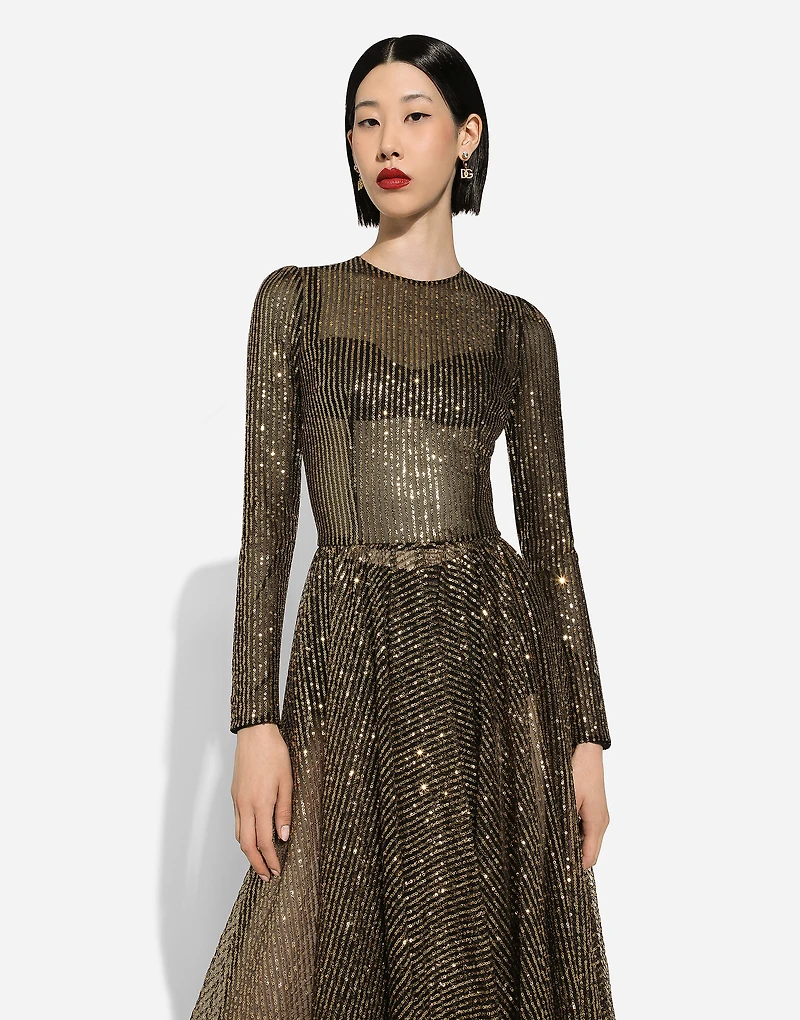 Long-sleeved sequined midi dress