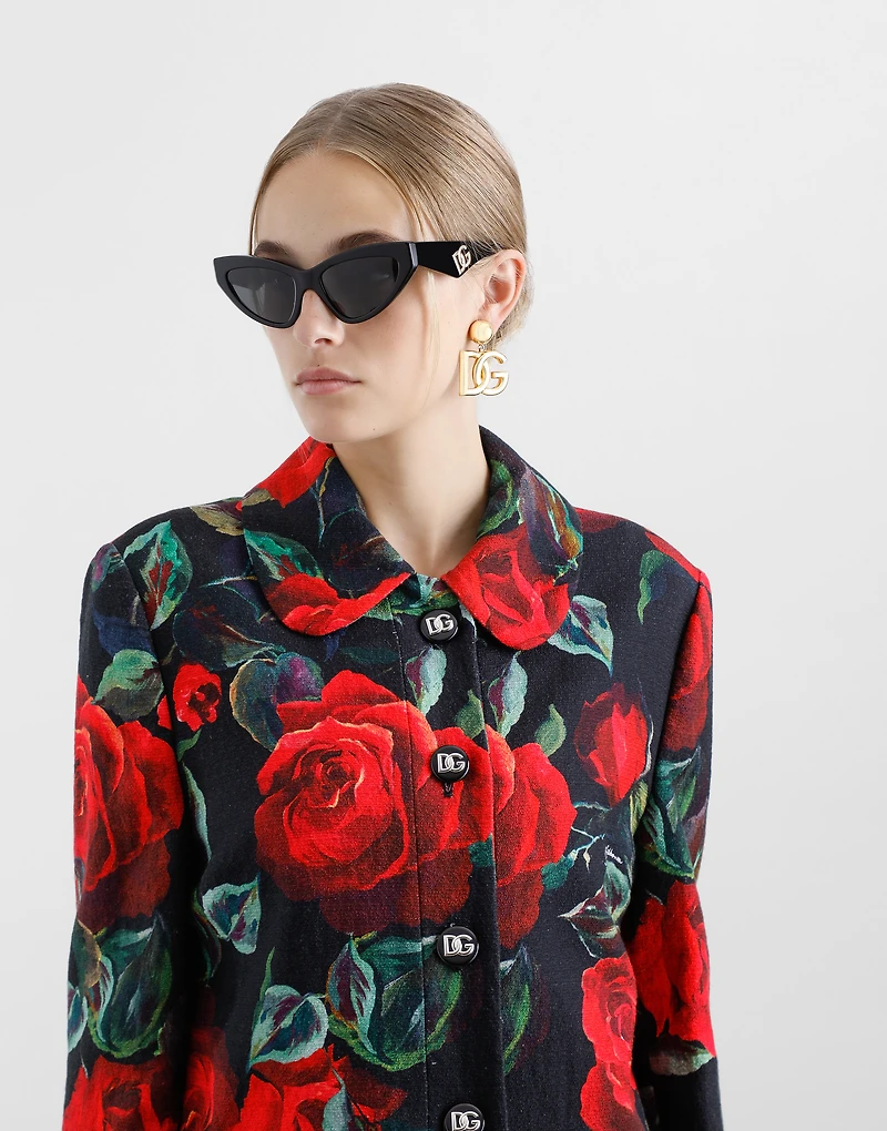 Single-breasted rose-print cotton jacquard coat