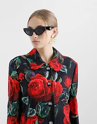 Single-breasted rose-print cotton jacquard coat