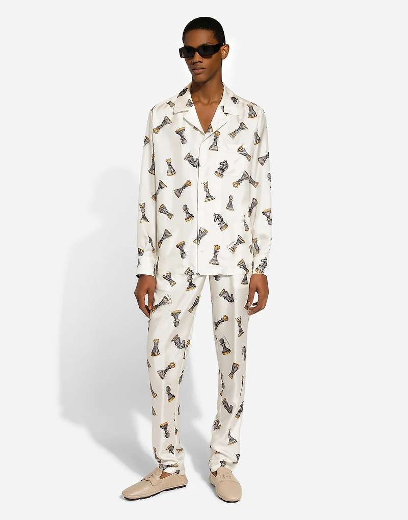 Silk twill jogging pants with chess-piece print