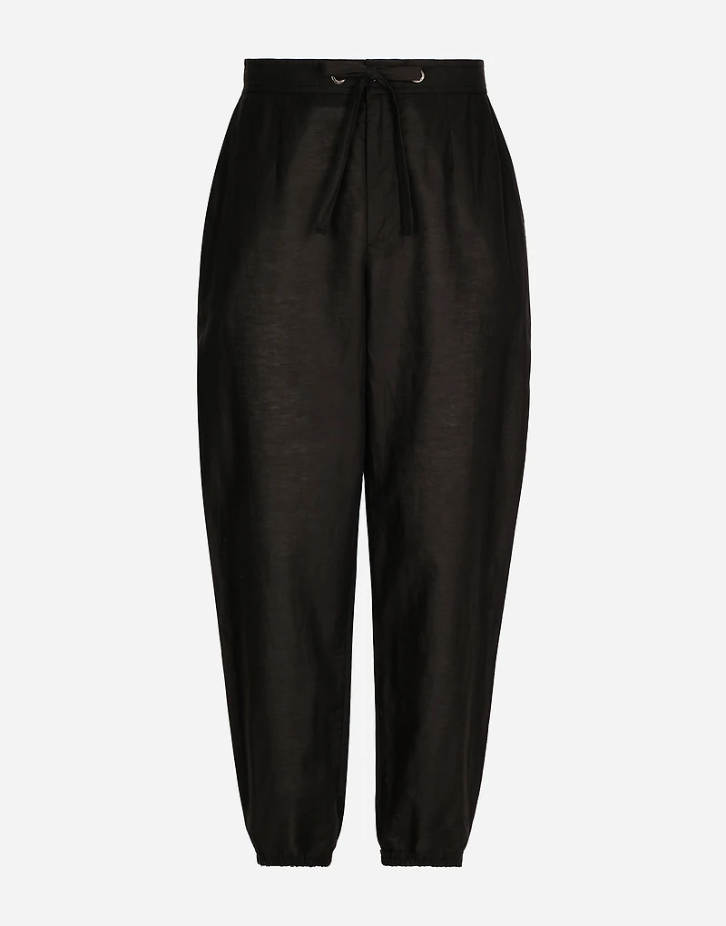 Linen and cotton jogging pants with logo label
