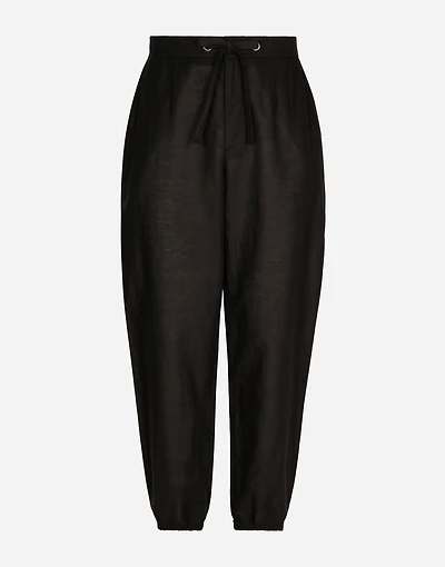 Linen and cotton jogging pants with logo label