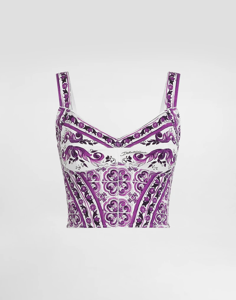 Majolica-print charmeuse bustier top