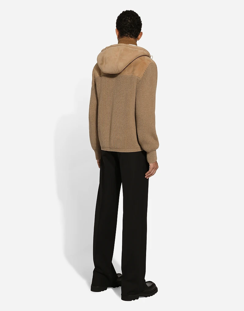 Sheepskin jacket with knit inserts and hood