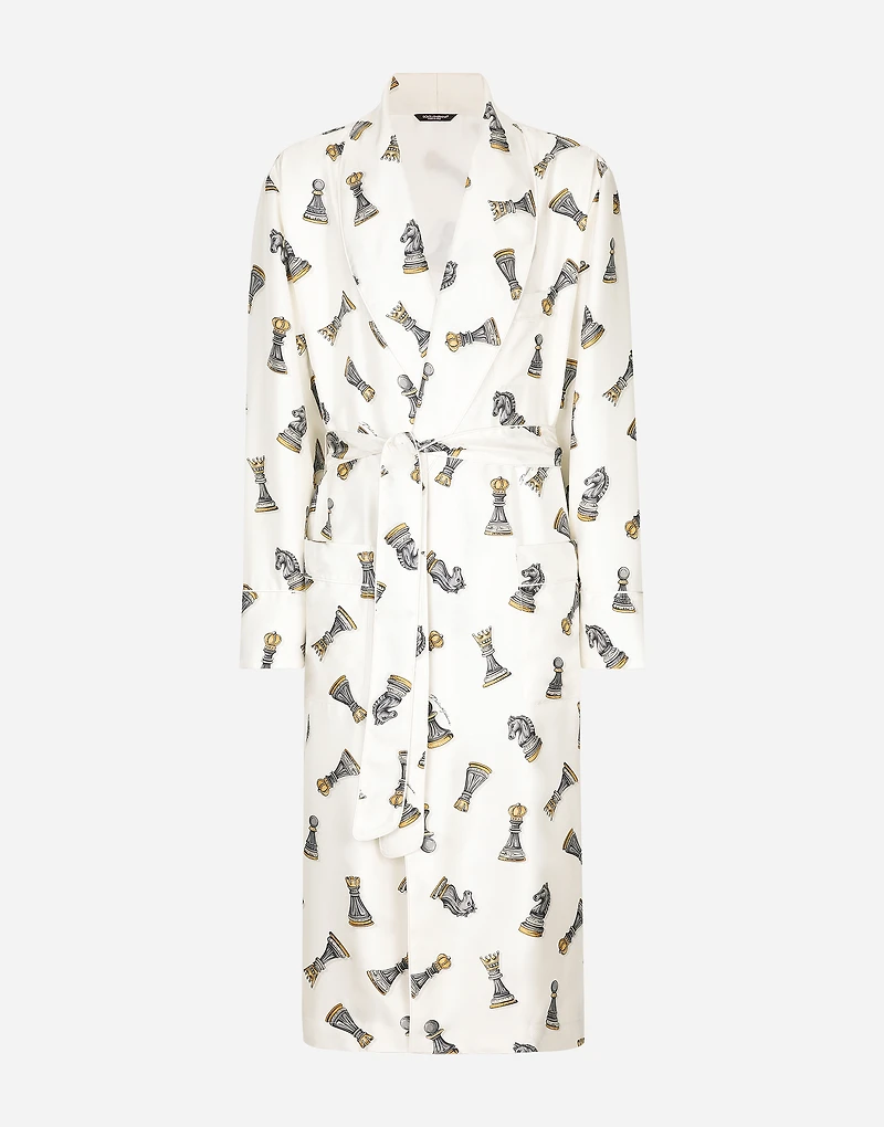 Silk twill robe with chess-piece print
