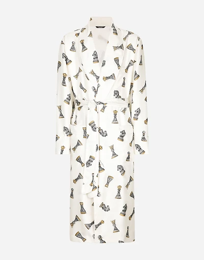Silk twill robe with chess-piece print