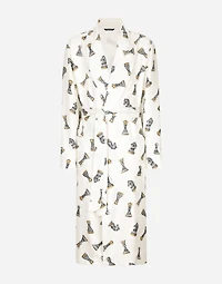 Silk twill robe with chess-piece print