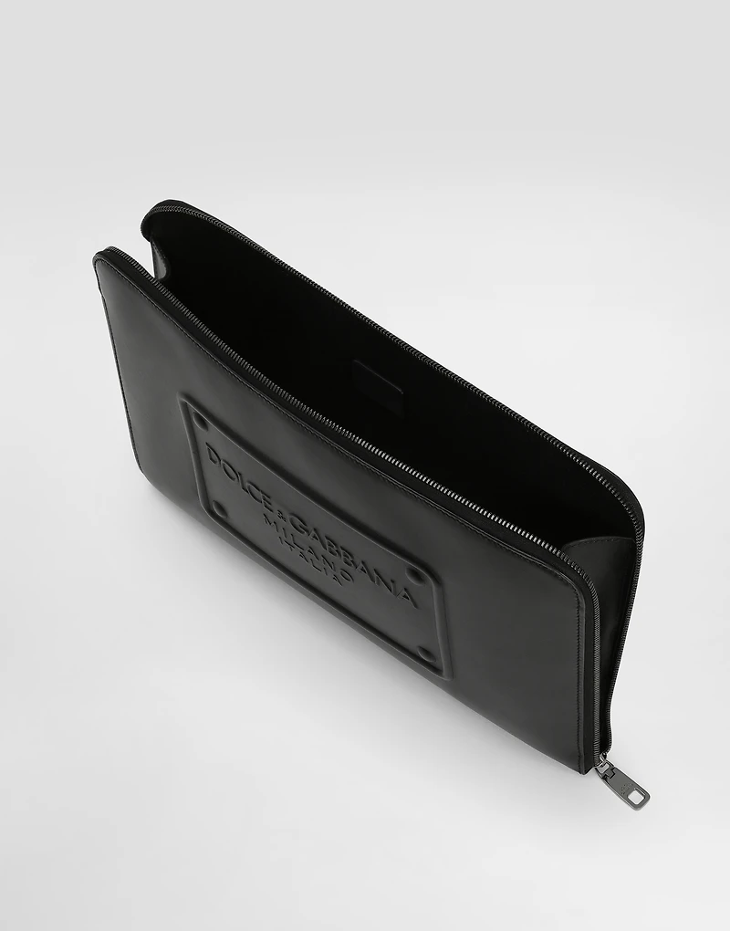 calfskin pouch with raised logo