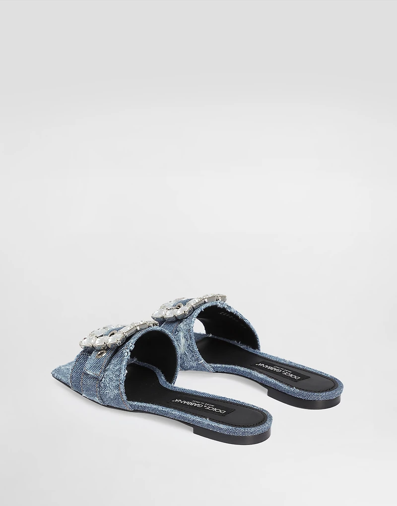 Patchwork denim slides with rhinestone buckle