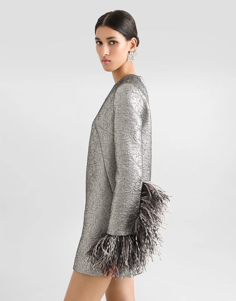 Quilted lamé jacquard sack minidress with feathered cuffs