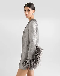 Quilted lamé jacquard sack minidress with feathered cuffs