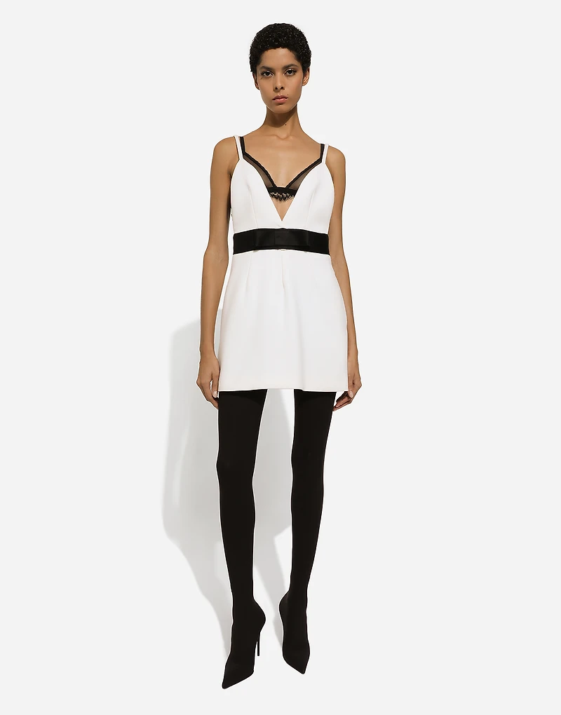 Short woolen dress with satin belt and straps