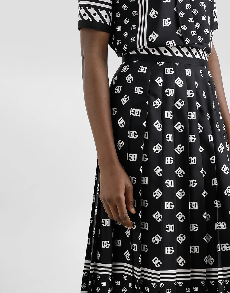Pleated silk twill calf-length skirt with all-over DG logo scarf print