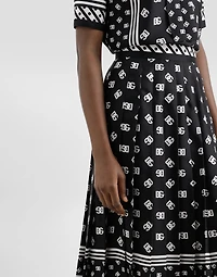 Pleated silk twill calf-length skirt with all-over DG logo scarf print