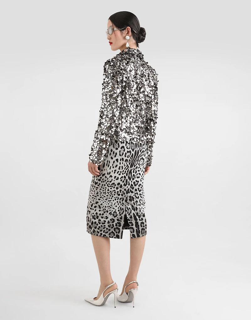 Charmeuse calf-length pencil skirt with leopard print