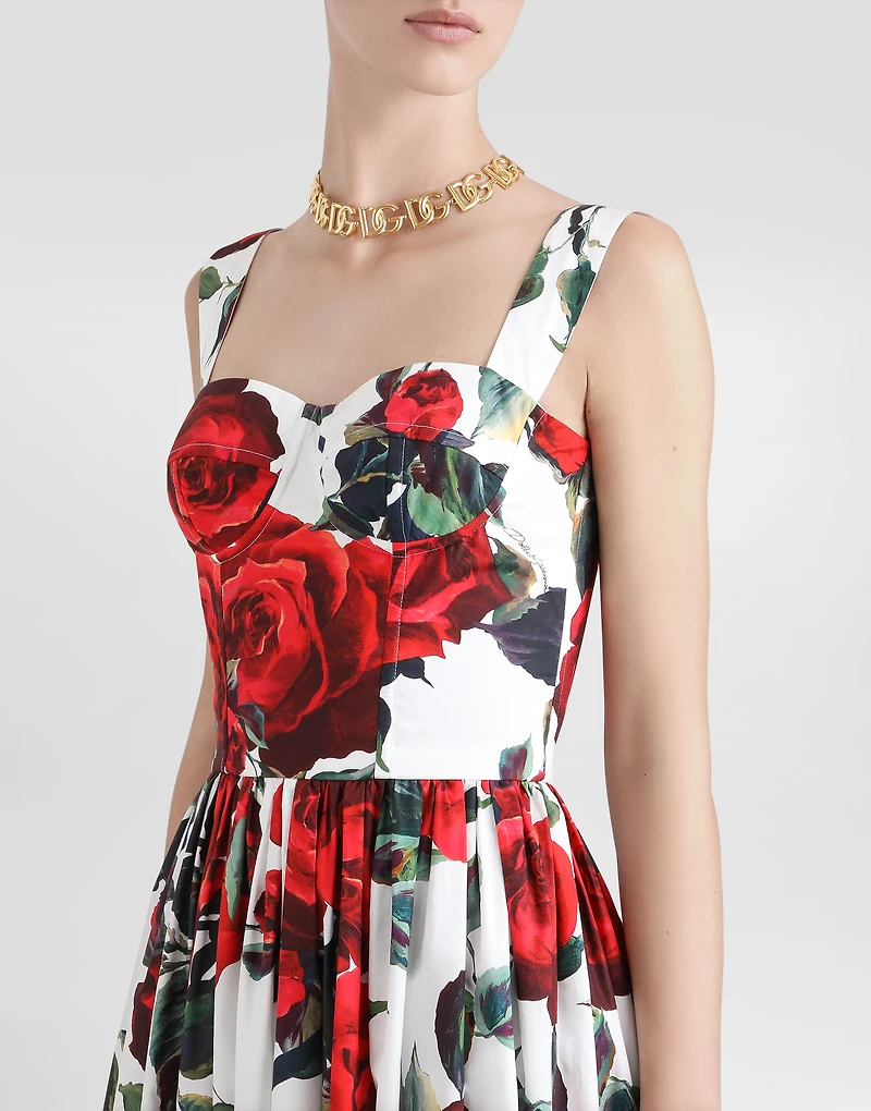 Calf-length corset dress with rose print