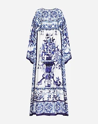 Silk twill caftan with majolica print