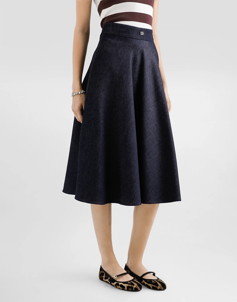 Denim calf-length circle skirt with DG logo pin