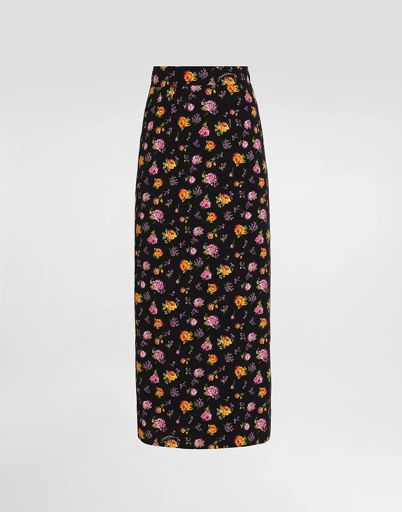 Small rose bouquets-print straight charmeuse skirt