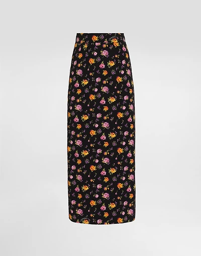 Small rose bouquets-print straight charmeuse skirt