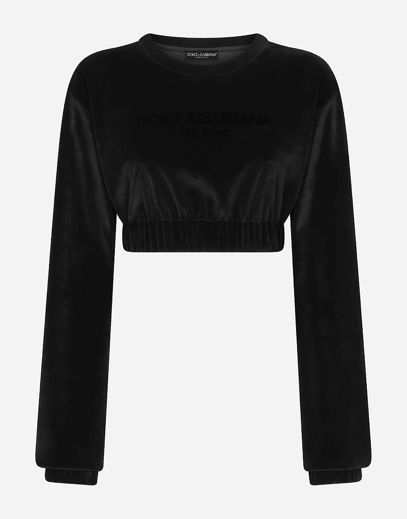 Cropped chenille sweatshirt with carpet-stitch embroidery