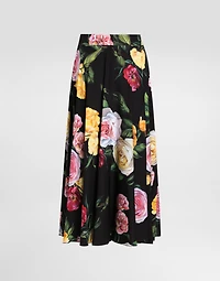 Peony and rose-print charmeuse calf-length circle skirt