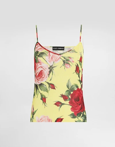 Silk knit tank top with bouquet print