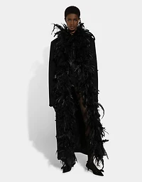 Double-breasted wool crepe coat with belt and rooster feather embellishment