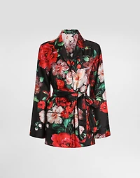 Long-sleeved twill pajama shirt with rose print