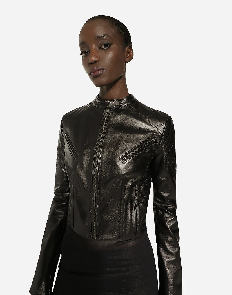 Short leather biker jacket