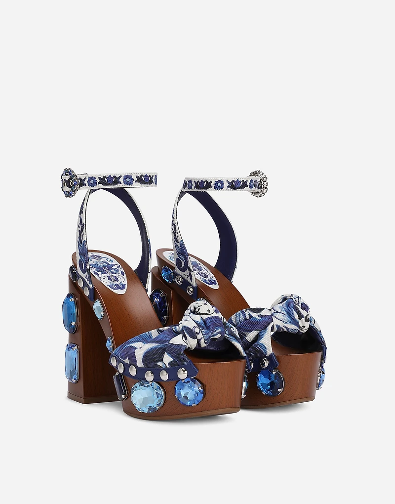 Majolica-print canvas wedge sandals with gemstones