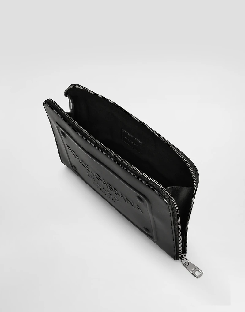 Small calfskin pouch with raised logo