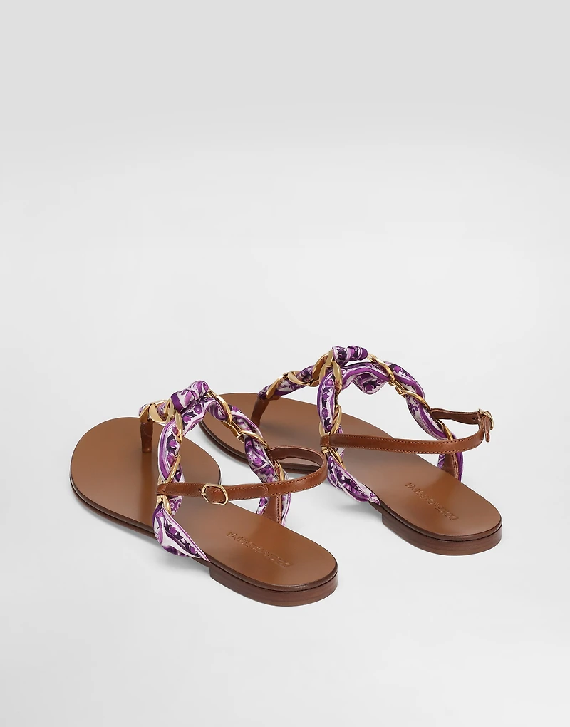 Majolica-print twill flip-flops