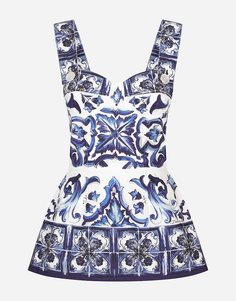 Majolica-print poplin top with peplum detail