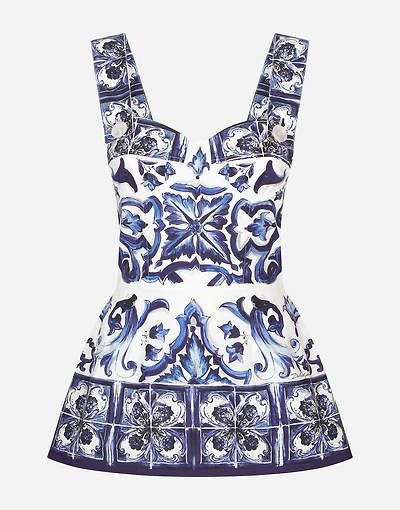 Majolica-print poplin top with peplum detail